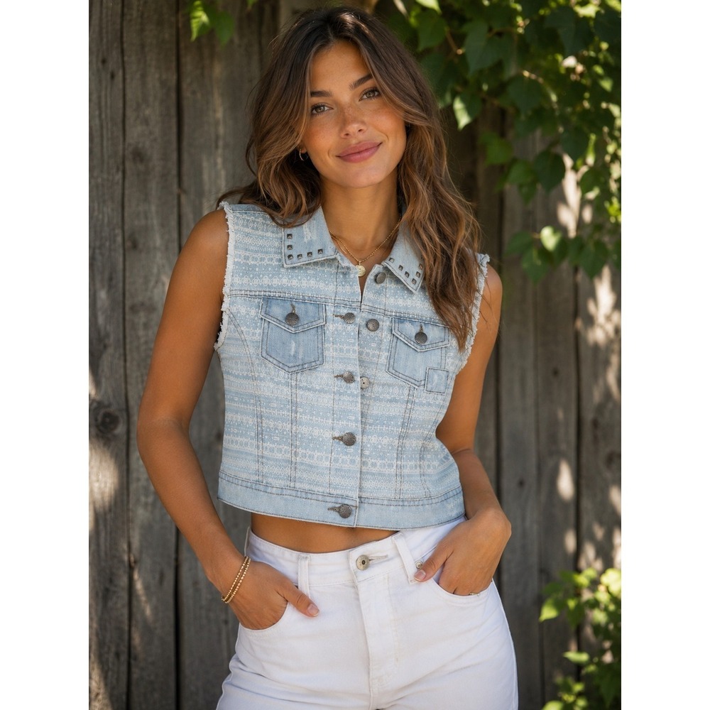 NWT Boho Chic One 5 One Denim Vest Size M Light Blue Cropped Raw Hem Print Sz M